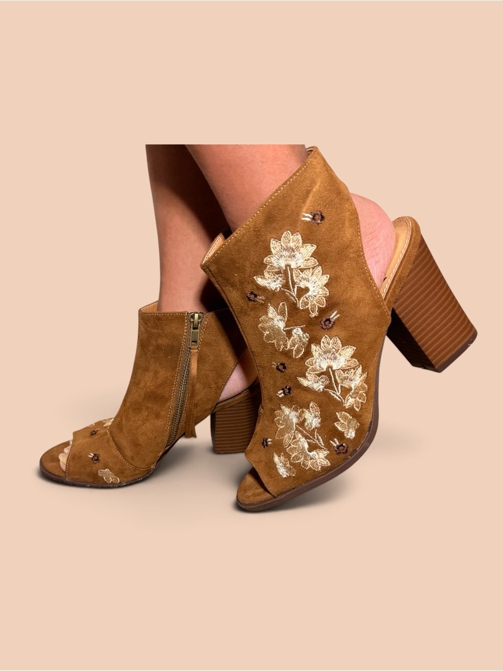 hippie laundry Tan Suede Embroidered Open-Toe Block Heel Mules